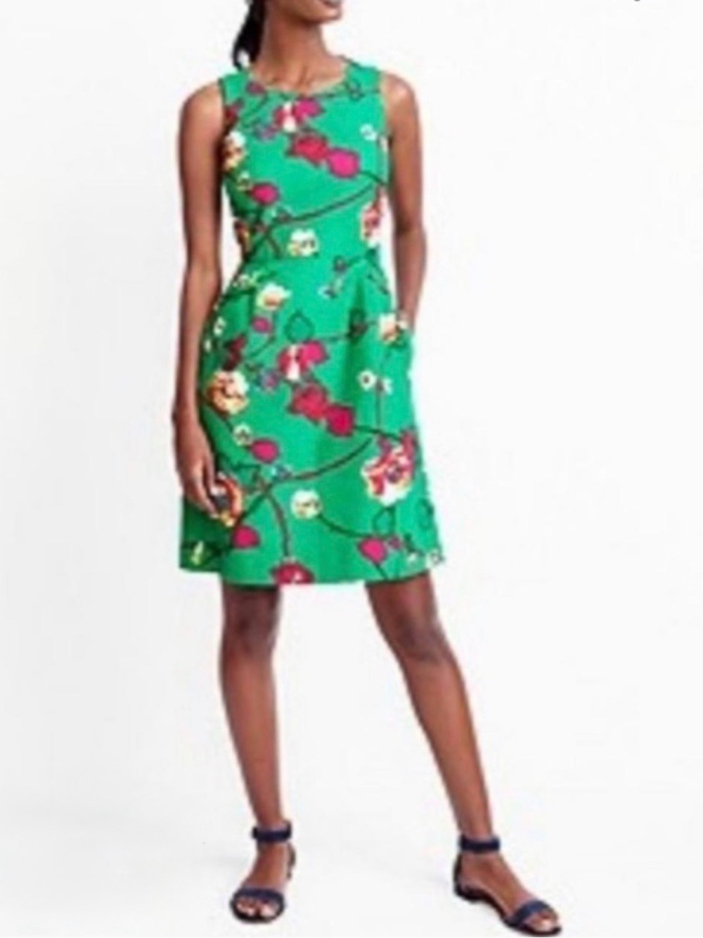J. Crew Green Floral Sleeveless Fit-and-Flare Dress